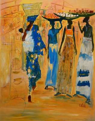 Larry Otoo, geb. 1956 Ghana, Markszene, verso bez. "A warm Market Day", signiert, ca. 76 x 80 cm