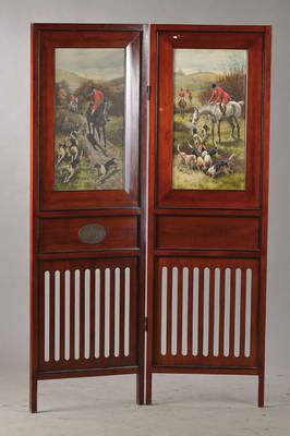 Paravent, Darmstadt um 1902/04, st. englischer Einfluß, Mahagonirahmen, Frontseitig mit Paar Ölgemälden u.Glas: englische Jagdszene zu Pferd u. ...