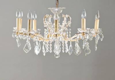 Deckenlampe, Barockstil, Mitte 20. Jh., 10 Brennstellen, reiches Glasgehänge, Elektr. nicht geprüft, lt. Einlieferer intakt,gereinigt, H. 40 cm, D. ...