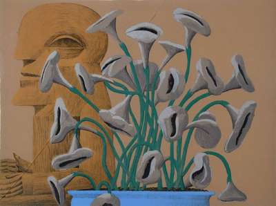 Horst Antes, geb. 1936, Figur mit Blumen, Farblithographie, handsigniert, num. 74/200, ca. 46.5x62cm, Rahmen, Glas gesprungen