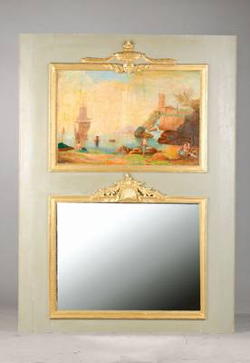 Trumeau, Frankreich, um 1800, Holz gefaßt, auf Rahmen gearbeitet, doppelter applizierter Stuckrahmen mit Perlleiste, Vasen- u. Girlandenbekrönung, ...