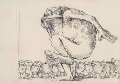 Zhao Yonbo, geb. 1964 Hailong, zwei Zeichnungen, Selbstporträt und Großer undviele Kleine Frösche, 21 x 29 cm/ 29. x 21 cm