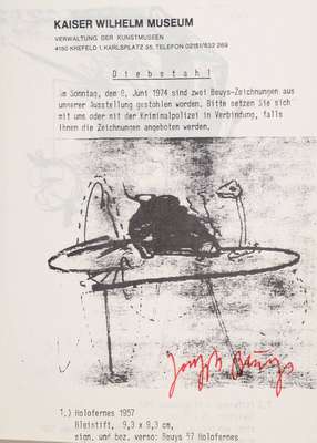 Joseph Beuys, 1921 - 1996, Diebstahl, Offset, handsigniert, 1974/77, anlässlich Diebstahlsuche Kaiser Wilhelm Museum Krefeld, vgl. Schellmann/ ...