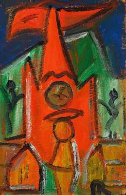 Hartmut Ritzerfeld, 1950 Stolberg, drei Acrylmalereien: Pferdekopf, Blumevase mit Fisch und Stadtansicht mit Kirche, Acryl/Platte bzw. Pappe, ...