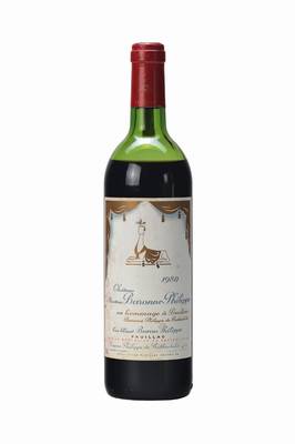 1 Flasche 1980 Chateau Mouton Baronne Philippe, en hommage a Pauline, Pauillac, mid shoulder, ca. 75 cl, Gru Classe, unverkostet, Etikett l. besch., ...