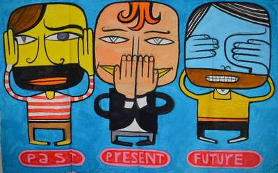 Jim Avignon, geb. 1966, Past-Present-Future, Gouache auf Papier, vierfach gefaltet, kleinere Randschäden, ca. 75x118cm