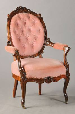 Armlehnstuhl, sog. Fauteuil, wohl Frankreich, um 1860/70, Palisander massiv, hochfeine Bekrönung und Holzauswahl, in Louis-Quinze-Form, ...