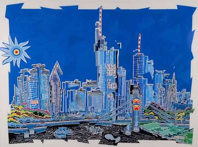 Sabine Pohl, geb. 1953, pfälzische Künstlerin, Schülerin von Bernd Klimmer u. Alvaro Castagnet, hier: Skyline Frankfurt, Collage, unter Glas ...