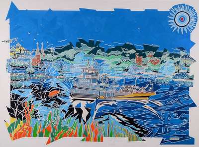 Sabine Pohl, geb. 1953, pfälzische Künstlerin, Schülerin von Bernd Klimmer u. Alvaro Custagnet, hier: Fähre Rüdesheim, Collage, unter Glas ...