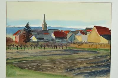 Heinz Friedrich, geb. 1924 Schwetzingen, Studium an den Akademien Stuttgart und Karlsruhe, hier: Blick auf Göcklingen, Aquarell, rechts unten ...