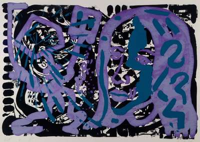 A.R. Penck, geb. 1939, Farbsiebdruck auf Papier, aus 1980, handsigniert und nummeriert 2/5, betitelt USA'-4-, datiert 80, Blattgr. ca. 66.5x90 ...