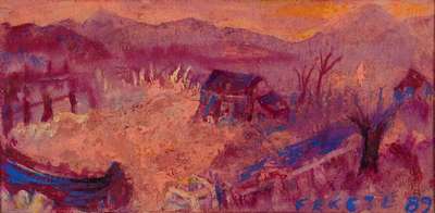 Esteban Fekete, 1924-2009, Landschaft im Abendrot, Mischtechnik auf Papier, rechts unten signiert und datiert 89, ca. 10x20cm, Rahmen
