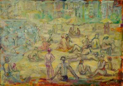 Unbekannter wohl russischer Künstler, belebte Strandszene, Öl/Papier/Karton, rechts oben kyrillisch signiert und datiert 1966, ca. 50 x 70 cm, ...
