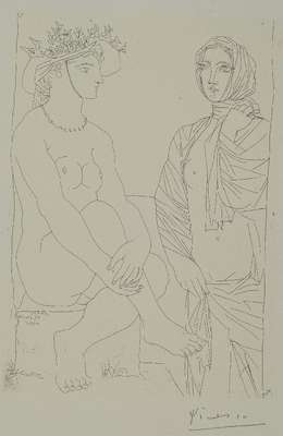 Pablo Picasso, 1881-1973, Sitzende Frau mit Hut und stehende Frau mit Draperie, Lithographie nach der Auflage Suite Vollard, 300 Exemplare auf Velin, ...