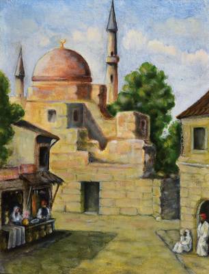 Unbekannter zeitgenössischer Maler, Orientalische Stadtansicht, Öl/Malkarton, unleserlich signiert, ca. 36.5x28 cm, Rahmen