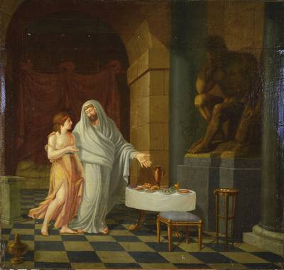 Klassizist um 1800, Paar bei kleinem Festmahl zu Füßen einer Herkules-Skulptur, Öl/Leinwand, doubliert, restauriert, unsigniert, 93x98 cm