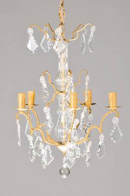Kleiner Deckenlüster, wohl Frankreich, frühes 20.Jh., Messinggestell, balusterförmige Glassäule, viele Ausleger mit Behang, 5 Brennstellen, ...