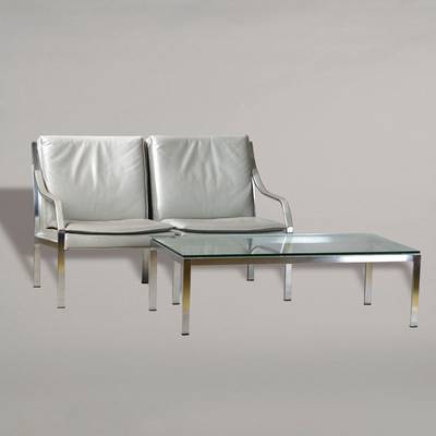 Paar 2-Sitzer-Sofas mit großem Sofatisch, Entwurf Walter Knoll, Dreipunkt Art Collection, Edelstahlgestell mit Echtlederauflage, massive u. robuste ...