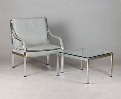Paar Armlehnsessel mit Sofatisch, Entwurf Walter Knoll, Dreipunkt Art Collection, Edelstahlgestell mit Echtlederauflage, massiveu. robuste ...