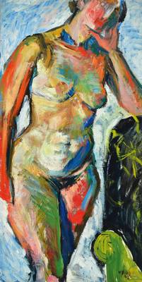 Werner Dietz, 1927 Müllheim/Baden - 2015 Bad Säckingen, weiblicher Akt mit abgestütztem Arm, Öl/Platte, signiert, datiert 63, 96x48 cm, Rahmen