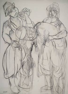 Franziskus Dellgruen, 1901-1984, Meisterschüler von Robert Sterl und Max Slevogt, hier: Pastellkreide/Lwd Pastell auf Lwd, Musikanten, links unten ...