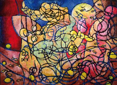 Daniel Primat, zeitgenössischer Künstler, Abstrakte Komposition, Öl/Lwd, links unten signiert und datiert 93, ca. 60x80cm, Rahmen mit Schattenfuge