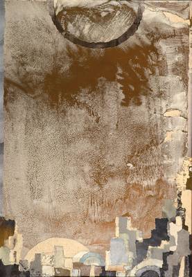 Yitzhak Greenfield, zeitgenössischer israelischer Künstler, Gold Sky Jerusalem, Mischtechnik und Collage auf Papier und Holz, links unten signiert ...