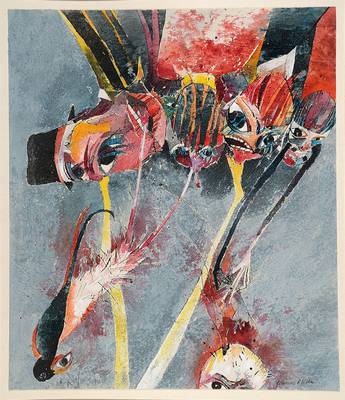 Bernd Kastenholz, geb. 1943 Speyer, Suchende Blicke, Gouache auf Malkarton, signiert und datiert 85, ca. 45x38 cm, unter Glas gerahmt