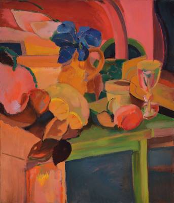 Claudie Remmlinger-Paris, geb. 1941 Domont bei Paris, hatte Ausstellungen in Karlsruhe u. Baden-Baden, hier: Le table vert, Öl/Lwd, monogram., ...