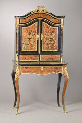 Damenschreibtisch, sog. Bonheur de jour, Frankreich, um 1870, im Boulle-Stil, Aufsatz 2-türig u. 2-schübig, geschweifter Giebel u. abgeflachte ...