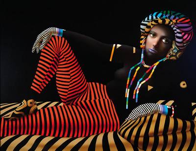 Botscharow, Moskauer Künstler, auf Diwan liegende junge Frau mit Turban, Streifenhose und Zebrahandschuhen, Mischtechnik/Hartfaser, rückseitig ...