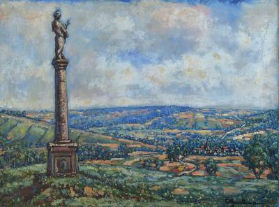 Wilhelm Guntermann, 1887 Bensheim-1976 Darmstadt, Weite Landschaft mit Skulptur auf Säule im Vordergrund, Öl/Lwd, rechts unten signiert, ca. ...
