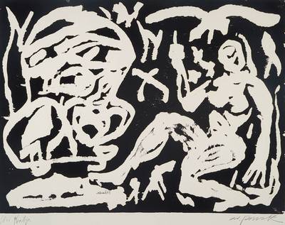 A.R. Penck, geb. 1939, Holzschnitt, handsigniert, mit Widmung, Blattgr. ca. 106.5x78.5 cm, min. besch.