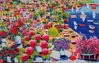 Athos Faccincani, geb. 1951, Blick auf Portofino, Acryl/Mischtechnik auf Lwd, signiert, ca. 54x83 cm, unter Glas gerahmt