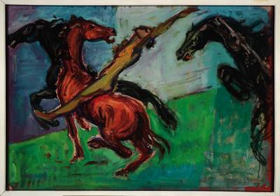 Paul Löffler, 1938-1995 Mannheim, Maler und Grafiker, hier: reitender Akt mit Pferden, Öl/Malkarton, signiert unten rechts, ca. 61x87 cm, Rahmen