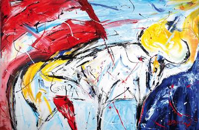 Oliver Dobslaff, geb. 1966, Titel:"Corrida", Öl auf Leinwand, signiert, Größe ca. 115x76x4 cm