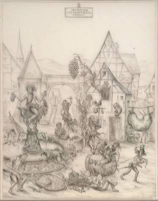 Werner Holz, 1948-1991, bek. Pfälzer Maler u. Grafiker, Vertreter der Phantastischen Kunst, hier: Das Pfälzer Schlaraffenland, Original Klischee ...