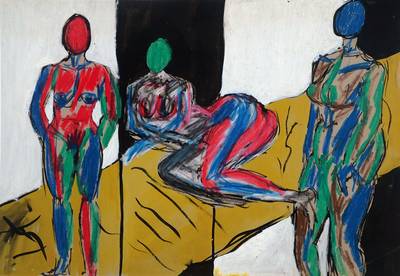 Unbekannter Künstler, Karlsruher Akademie, um 1960, Frauenakte, Gouache, unsigniert, ca. 52x81 cm, unter Glas gerahmt