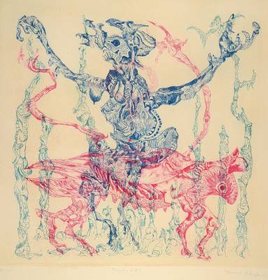 Bernhard Schultze, 1915 Schneidermühl - 2005 Frankfurt, Migof-Ritt, Farbradierung, handsigniert und nummeriert 56/120, ca. 78x65 cm, unter Glas ...