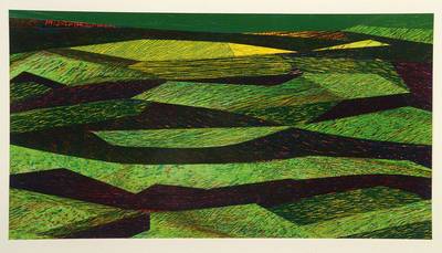 Volker Heinle, zeitgenössischer pfälzer Künstler, Landschaft in der Pfalz, Gouache/Collage auf Papier, signiert und datiert, ca. 22x40.5 cm, unter ...