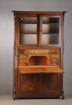 Aufsatzschrank mit Sekretärsteil, mitteldeutsch, um 1860/70, Kirschbaum auf Mahagoni gebeizt, Aufteilung á deux corps, Brezelfüllungen, Innenleben ...