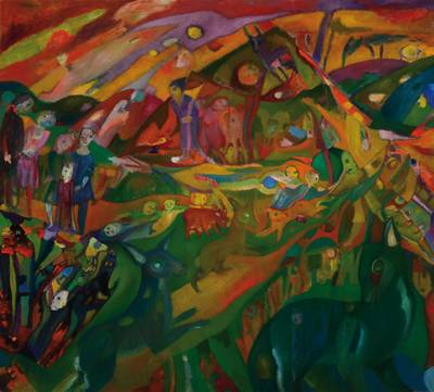 Unbekannter zeitgenössischer Künstler, Der Tag an dem die Tiere zurückkehrten, Öl/Lwd, unten links signiert LEU, ca. 95x105 cm, Rahmen