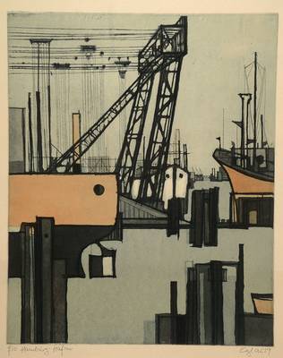 Otto Wilhelm Eglau, 1917-1988, Farbradierung, signiert und 1/50, datiert 59, Hamburg-Hafen, Platte ca. 50x40,5 cm, unter Glas gerahmt