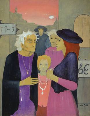Irene Müller, geb. 1941 Bielefeld, wirkt in Bielefeld und malt im symbolistischen Stil, hier: Der Besuch, Öl/Lwd, re. u. sign., dat. (19)73, ca. ...