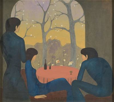Irene Müller, geb. 1941 Bielefeld, wirkt in Bielefeld und malt im symbolistischen Stil, hier: Personen am Fenster, Öl/Lwd, mittig u. sign., dat. ...