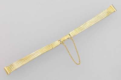 Uhrenarmband, GG 585/000, ca. 14.2 g, B. ca. 9 mm (Bandansatz) schmalste Stelle 6 mm, L. ca. 15 cm mit Sicherheitskette, min. besch.