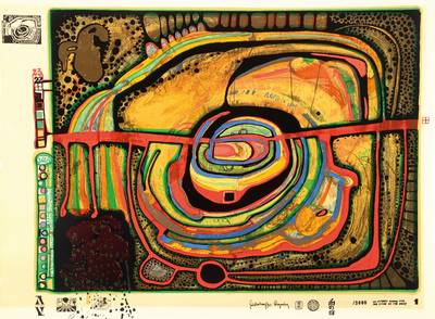 Friedensreich Hundertwasser, 1928-2000, Die fünfte Augenwaage, Farbserigraphie mit Metallfolienprägung, Auflage 3000, num. 2397, leichte ...