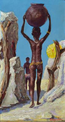 Josef Fleischer, 1902 Gleiwitz/Oberschlesien-1985 Landau, Wasserträger in Afrika, Öl/Lwd, rechts unten signiert, ca. 30x20cm, ca. 14 cm breiter und ...