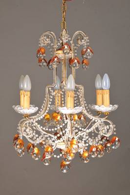 Deckenlampe, Böhmen, um 1930, 6 Brennstellen, reicher Glasbehang in farblosem und bernsteinfarbenem Glas, Elektrifizierung nicht geprüft, H. ca. ...