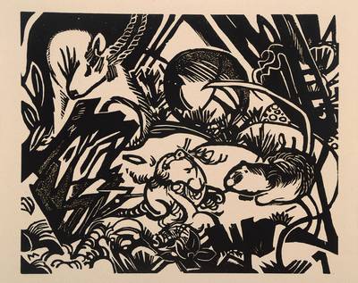 Franz Marc, 1880 München-1916 Braquis bei Verdun, Holzschnitt aus: Tierlegende, im Druckstock re. u. monogram. M, ca. 24x19.7cm, Blattgr. ca. ...